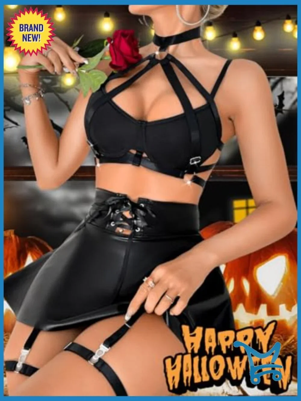 Strappy Underwire Vinyl Lingerie Set - 4 Piece Club Rave Outfit